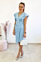 Błękitna Sukienka Midi z Połyskiem Rękawki Motylki 46