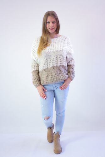 Sweter z Bufiastymi Rękawami w Warkocze Kremowo-Beżowo-Biały UNI na Arena.pl