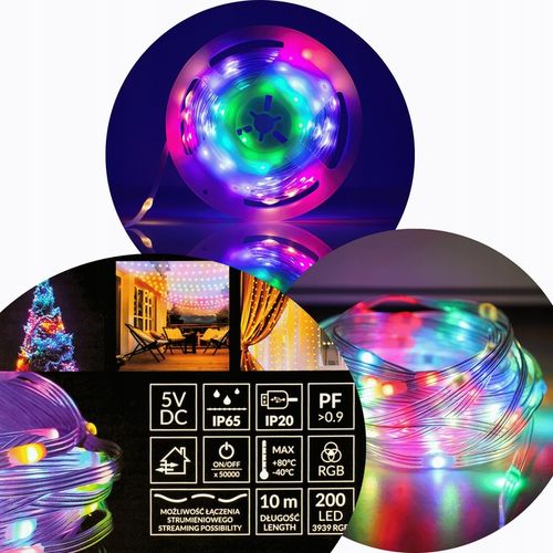 Magiczne lampki Choinkowe RGB USB IP65 200 led 10m Pilot Aplikacja DC 5V na Arena.pl