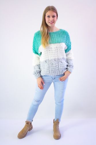 Sweter z Bufiastymi Rękawami w Warkocze Miętowo-Kremowo-Popielaty UNI na Arena.pl