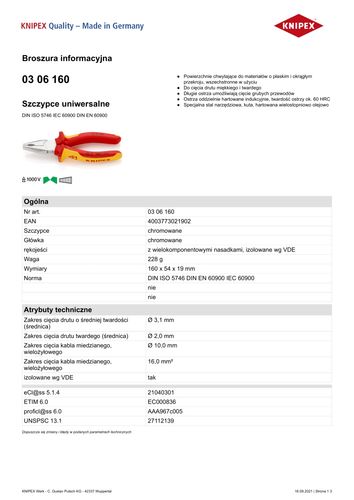 szczypce uniwersalne izolowane vde 160mm - kn 03 06 160 na Arena.pl