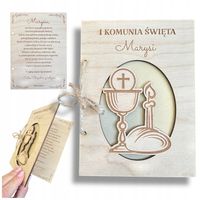 Pamiątka Pierwszej Komunii Świętej Koperta Drewniana Kartka od Chrzestnej