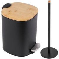 Zestaw ŁazienkowyCzarny Stojak na papier toaleto i Kosz na Śmieci z Bambusa