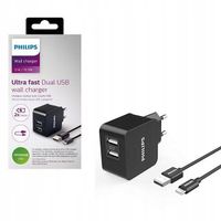 ŁADOWARKA SIECIOWA PHILIPS czarna + KABEL USB-C 3,1A/15,5W 2xUSB DUAL