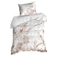 Pościel satynowa 140x200 + 70x80 biało-brązowa satyna wzór liści