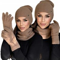 KOMPLET DAMSKI CZAPKA KOMIN GOLF RĘKAWICZKI ZESTAW CIEPŁY ALPAKA MOKKA