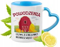Powitanie W Pracy Kubek Błękitny Z Uszkiem W Kształcie Serca Na Prezent