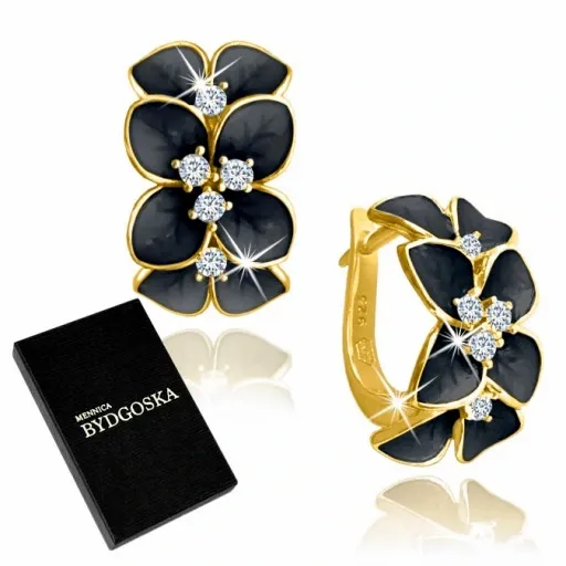 ZLOTE KOLCZYKI DLA KOBIETY KWIATY CZARNE, KOLCZYKI SREBRO PRÓBA 925 zdjęcie 4