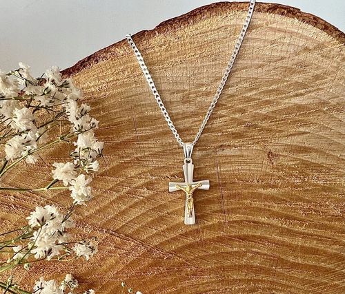 Srebrny łańcuszek i krzyżyk zestaw komunijny 45 cm srebro pozłacany prezent na Arena.pl