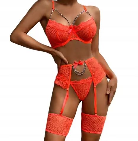 Piękny KOMPLET Bielizny Damskiej STANIK STRINGI Podwiązki POMARAŃCZ L zdjęcie 2