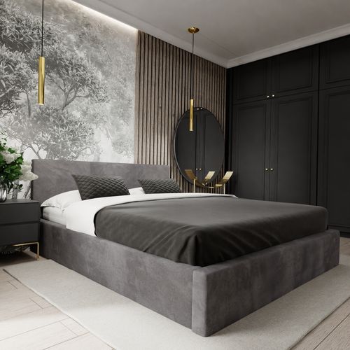 ŁÓŻKO TAPICEROWANE DO SYPIALNI 180x200 PODWÓJNE Z POJEMNIKIEM GRAFITOWE na Arena.pl