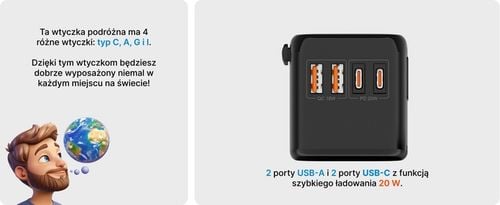 Wtyczka światowa VOOMY - 170+ krajów, 20W, 2 USB-C & 2 USB-A, Czarna na Arena.pl