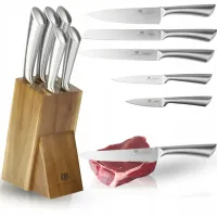 KOMPLET NOŻY NIERDZEWNYCH KUCHENNYCH W BLOKU DREWNIANYM NA STOJAKU 6 EL