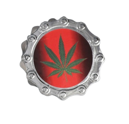 Srebrny Grinder Młynek do Suszu Tytoniu Zielony Liść na Czerwonym Tle na Arena.pl