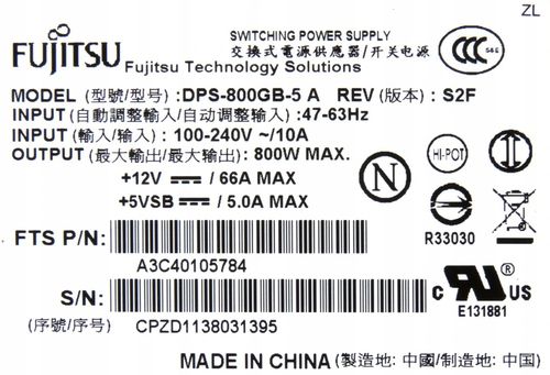 ZASILACZ BTC ETH MININGOWY FUJITSU DPS-800 800W na Arena.pl