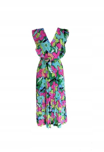 Elegancka Midi Wzorzysta Sukienka Z Paskiem Plisowany Dół Zielona M 38 zdjęcie 1