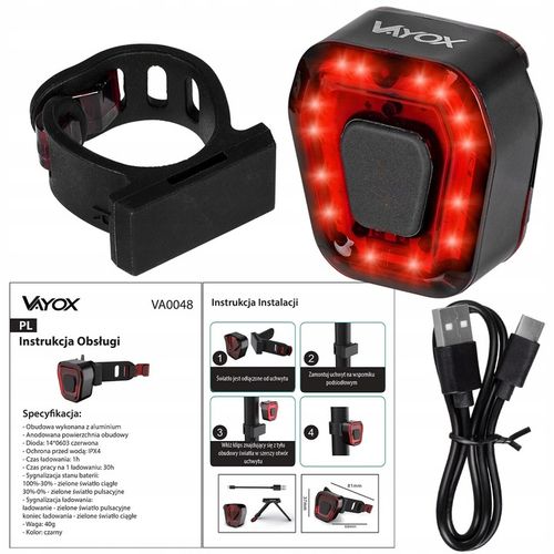 LAMPKA ROWEROWA TYLNA LED NA ROWER ŚWIATŁO CZERWONE MOCNE TYŁ AKU USB VAYOX na Arena.pl