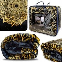 Koc AKRYLOWY w Walizce Narzuta 160x200 GRUBY PUSZYSTY Czarny Złota Mandala