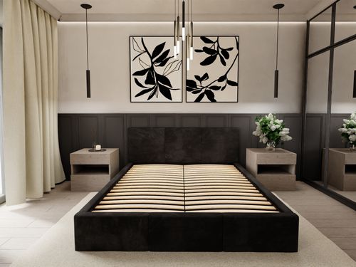 ŁÓŻKO TAPICEROWANE DO SYPIALNI 140x200 ŁÓŻKO PODWÓJNE Z POJEMNIKIEM CZARNE na Arena.pl