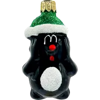 Bombka choinkowa szklana: Krecik w czapce Świętego Mikołaja: zielony