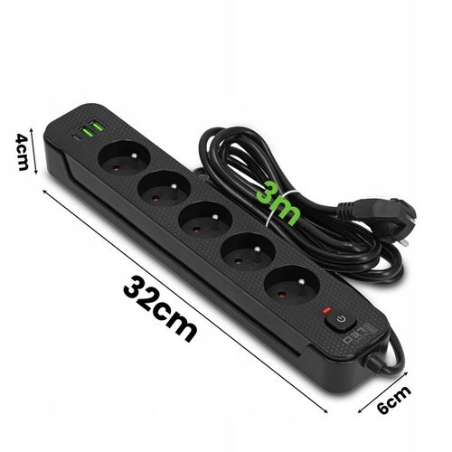 Przedłużacz Listwa Zasilająca Siec 3M 5 Gniazd 230V + 3X USB Ładowarka na Arena.pl