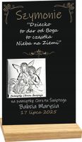 PAMIĄTKA CHRZTU STATUETKA czarna z nadrukiem srebrny obrazek twój napis