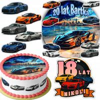 ZESTAW OPŁATEK NA TORT 20CM + 16 POSTACI - SUPER AUTA + IMIĘ 15CM 18CM