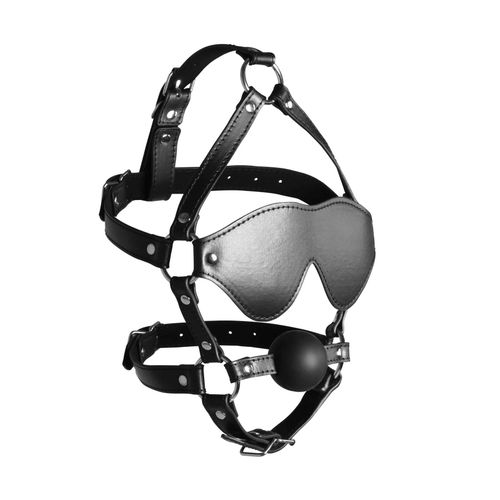 blindfolded head harness with solid ball gag   black na Arena.pl