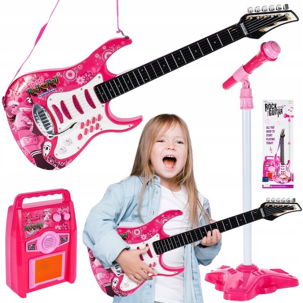 GITARA ELEKTRYCZNA DUŻA DLA DZIECI Z MIKROFONEM WZMACNIACZ STATYW