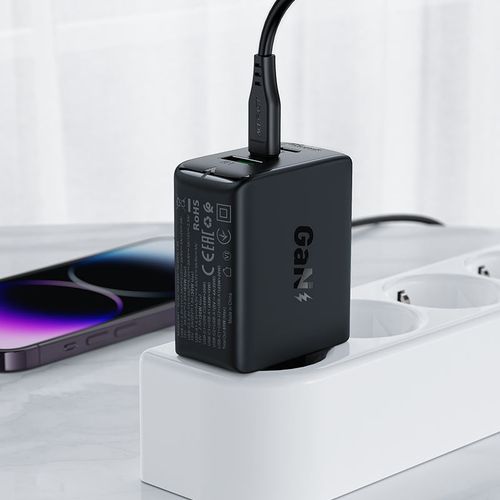 Szybka ładowarka sieciowa GaN 2x USB-C USB-A PPS PD QC4+ 65W czarna na Arena.pl