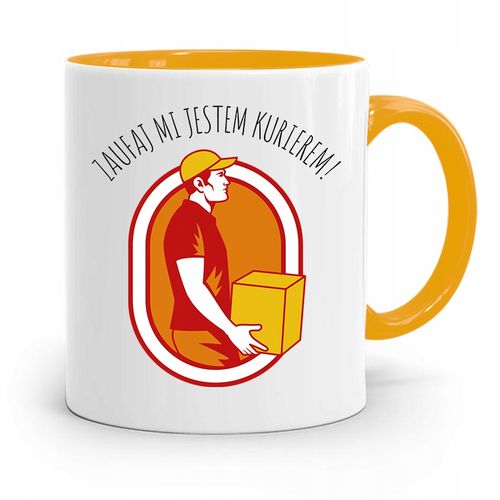 Kubek Żółty Dla Kuriera Zaufaj Mi Jestem Prezent Z Nadrukiem Ze Zdjęciem na Arena.pl