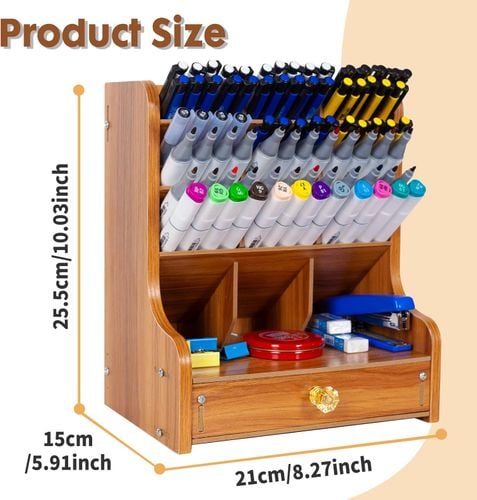 Drewniany Organizer na Biurko Przybornik z Szufladą 20x15x25 cm Naturalny na Arena.pl