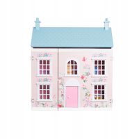 Drewniany piękny domek dla lalek, pudrowy róż z mebelkami otwierany