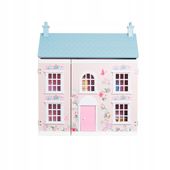 Drewniany piękny domek dla lalek, pudrowy róż z mebelkami otwierany