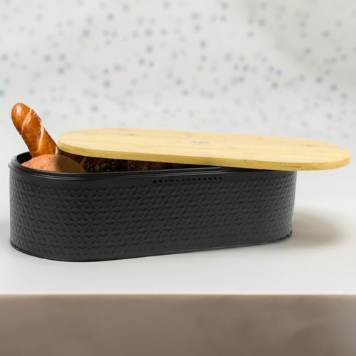 Chlebak pojemnik na pieczywo na chleb bułki stalowy deska bambusowa czarny na Arena.pl