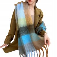 SZAL DAMSKI Długi Szalik Brązowy w Kratkę Ciepły Chusta Frędzle Zimowy