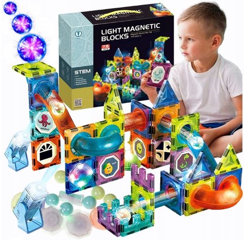 KLOCKI MAGNETYCZNE KONSTRUKCYJNE ŚWIECĄCY TOR Dla Dzieci MAGNETIC TILES 75 na Arena.pl