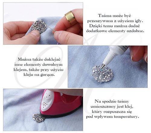 TAŚMA TERMO 1m ozdobna cyrkonie hotfix termoprzylepna cyrkoniami srebrna na Arena.pl