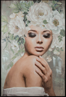 Obraz ręcznie malowany kobieta kwiaty 80X120 popielaty+beżowy