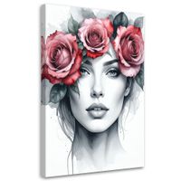 Obraz do salonu sypialni, Portret Kobieta z kwiatami róży 40x60