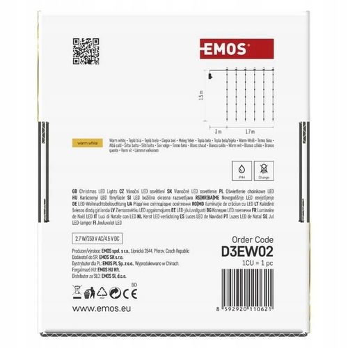 Kurtyna świetlna IP44 180 LED 1,7x1,5m - 8 programów - ciepła biel D3EW02 E na Arena.pl