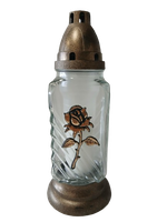 Znicz szklany ze złotymi dodatkami  i złotą różą 28 cm