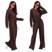 Komplet damski z wiskozy luźna bluzka + szerokie spodnie czekoladowy
