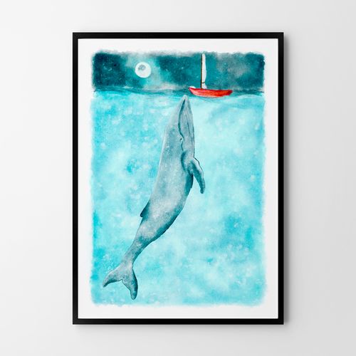 Plakat wieloryb ocean statek pokój dziecka 30x40 cm w czarnej ramie na Arena.pl