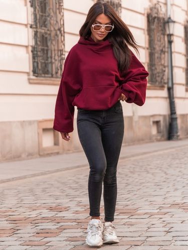 Bawełniana dresowa damska bluza z kapturem na stójce oversize bordowa na Arena.pl