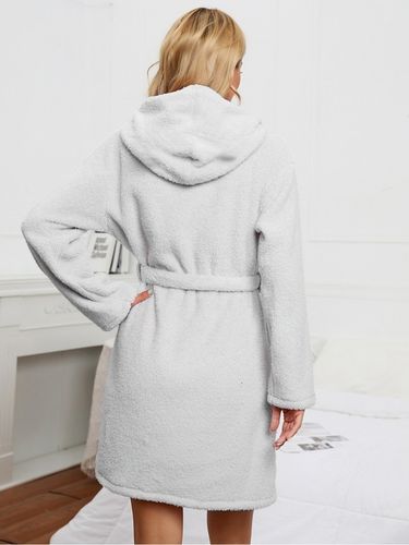 Szlafrok Damski Ciepły Miękki Gruby z Kapturem Szary Wiązany W Talii Zimowy na Arena.pl