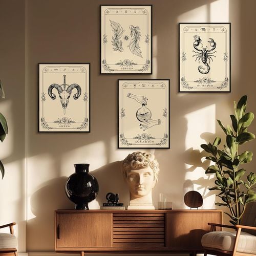 Obraz na Płótnie Czarna Rama 40x60 cm Dekoracja Gotycka Tarot Ryby Księżyc na Arena.pl