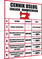 ŚMIESZNY ZABAWNY ŻARTOBLIWY CENNIK ZAKŁADU KRAWIECKIEGO - prezent