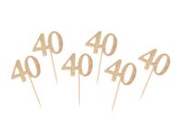 Pikery dekoracyjne, B&C, złota "40" w brokacie, 6 szt.