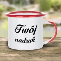 Kubek metalowy, emaliowany 360 ml z czerwonym uszkiem i rantem z Twoim nadrukiem